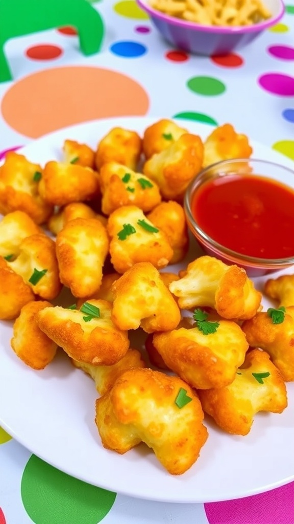 Crispy cheesy cauliflower bites on a plate with marinara sauce, garnished with parsley.